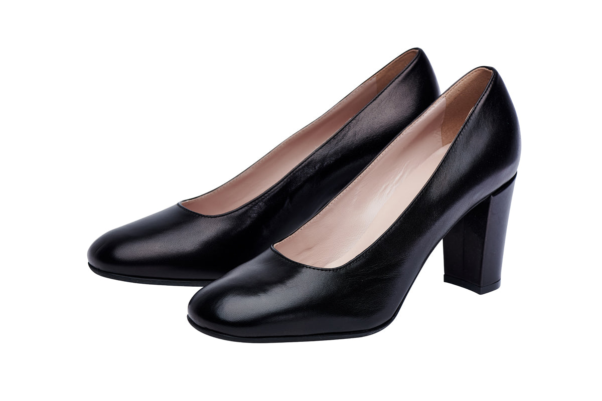 Womens black block leather high heel. Most comfortable cabin crew and corporate shoes.
