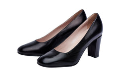 Womens black block leather high heel. Most comfortable cabin crew and corporate shoes. 
